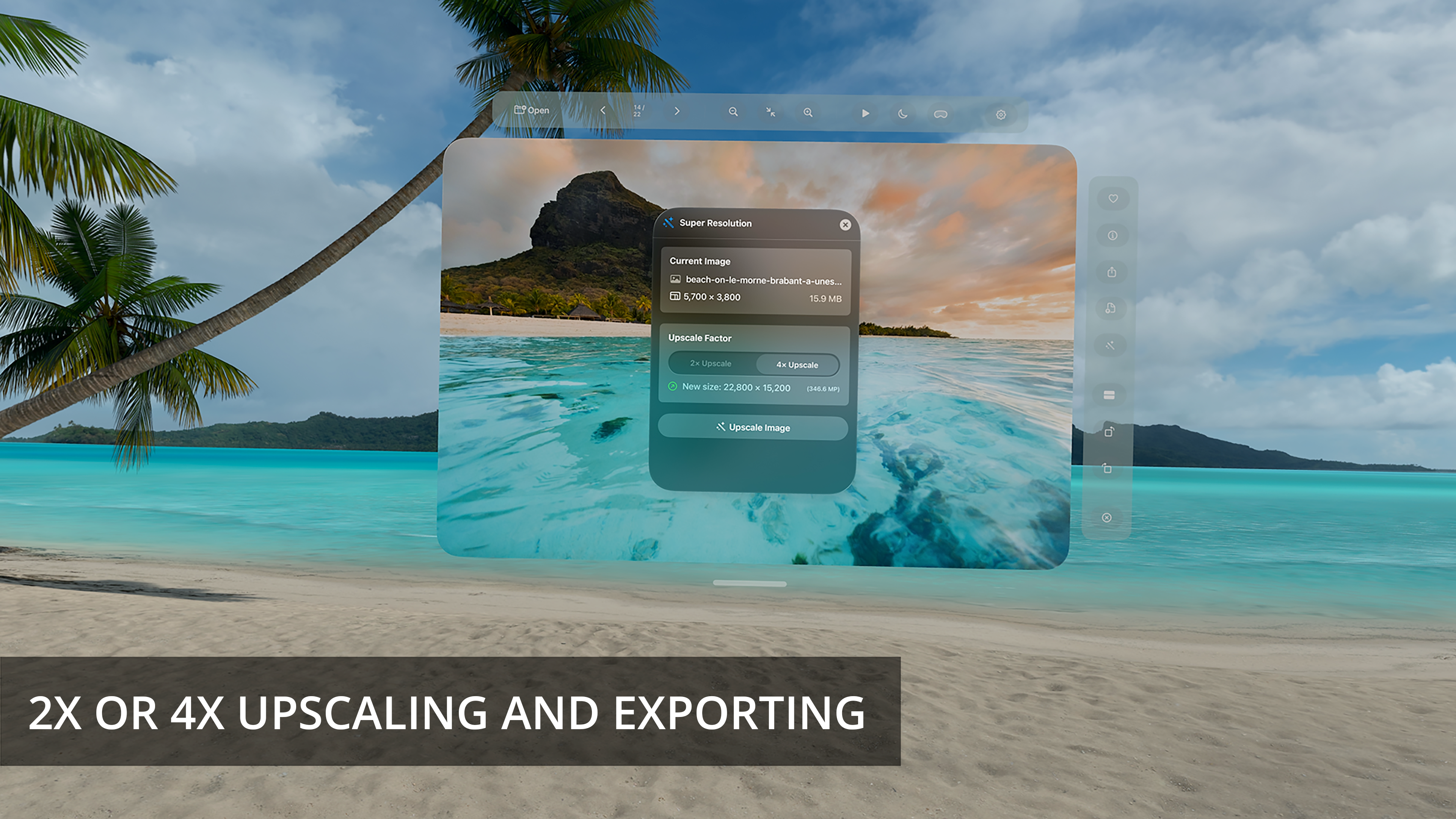 Paralux running on Apple Vision Pro showing a photo with thumbnail strip at the bottom